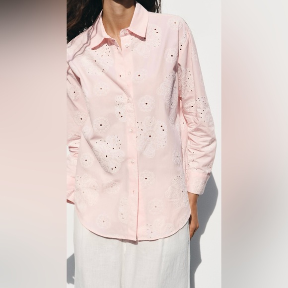 Zara Pink Cotton White Eyelet Button-Up Blouse | L | Rubberized Eyelets | NWT - Picture 2 of 13